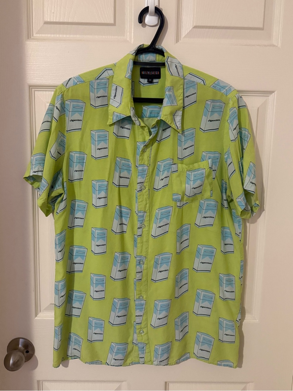 HAYLEY ELSAESSER Lime Green Short-Sleeve Button-Up Shirt with Blue Carton Print